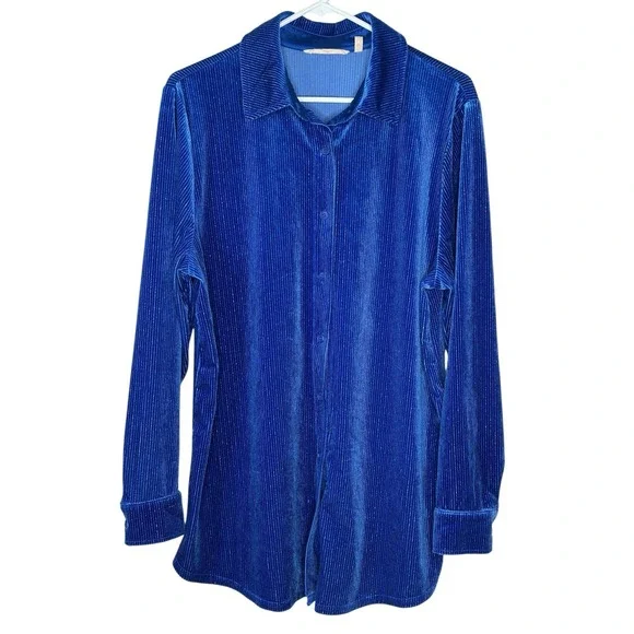 Soft Surroundings Ribbed Metallic Blue Velvet Boyfriend Tunic Button Shirt LARGE - Picture 4 of 9